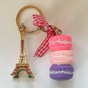 Eiffel Tower & Macaron Paris Souvenir Keychain With Gingham Bow
